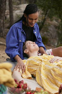 Female couple having picnic