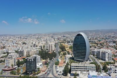 High angle view of buildings against sky