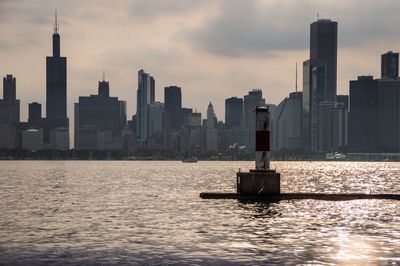 Scenic view of sea and buildings against sky during sunset