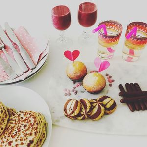 High angle view of dessert on table