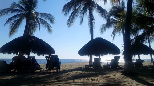 Palm trees on beach against clear blue sky