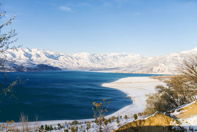 Charvak reservoir in uzbekistan in winter on a clear sunny day