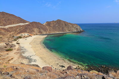 Scenic view of beach against blue sky