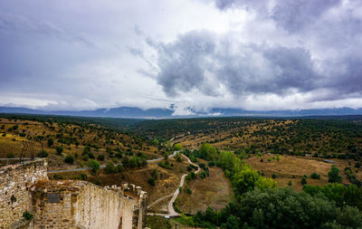 High angle view of land against sky