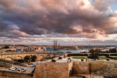 High angle view of buildings against cloudy sky