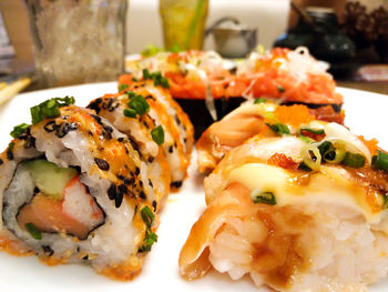 Close-up of sushi served in plate