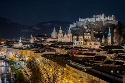 Illuminated buildings in city at night