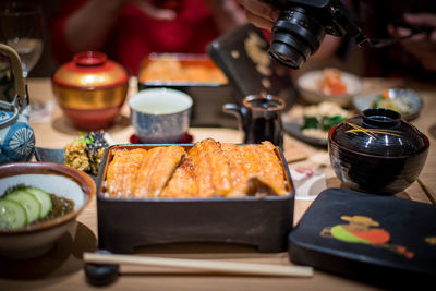 Close-up of food served on table