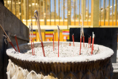 Close-up of incense sticks in container at temple