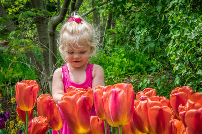 Close-up of girl with tulips