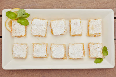 Directly above shot of dessert served in plate on table