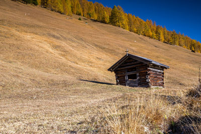 House on field against trees