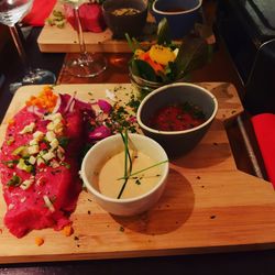 High angle view of meal served on table