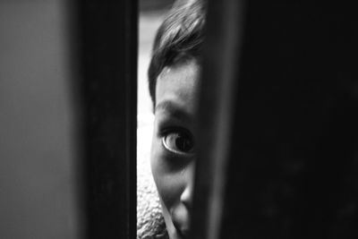 Close-up portrait of man looking through open door