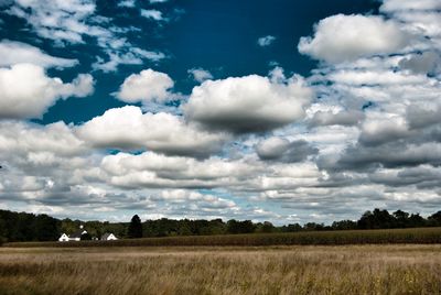 Scenic view of field against cloudy sky