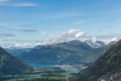 Aerial view of landscape and sea against sky