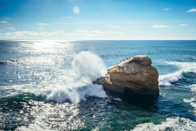 Waves splashing on rocks against sky