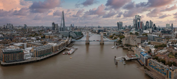 Aerial view of the tower bridge, central london, from the south bank of the thames.