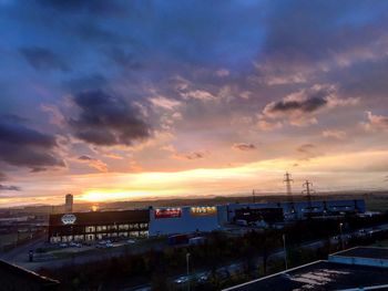 High angle view of city against sky during sunset