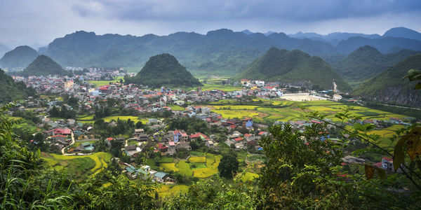 Trees and townscape by mountains against sky