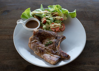 High angle view of food in plate on table