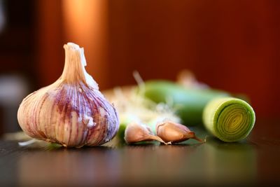 Close-up of garlic on table