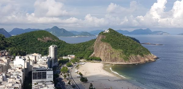 Panoramic view of sea and mountains against sky