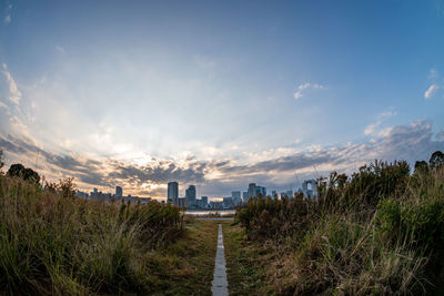 Scenic view of a city in the background against sky