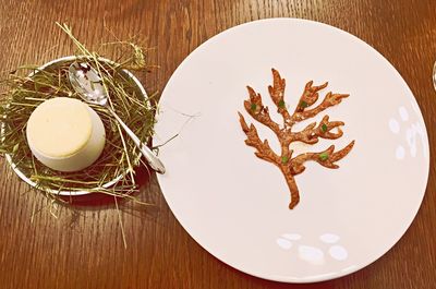 High angle view of bread in plate on table