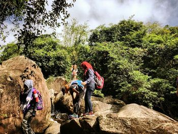 Rear view of people by trees against sky