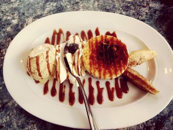 High angle view of dessert in plate on table