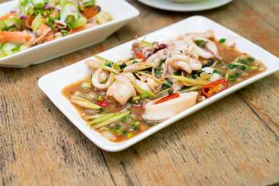 High angle view of food in plate on table