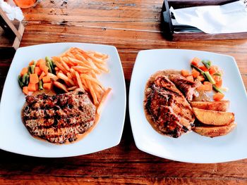 High angle view of food in plate on table