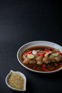 High angle view of soup in bowl on table