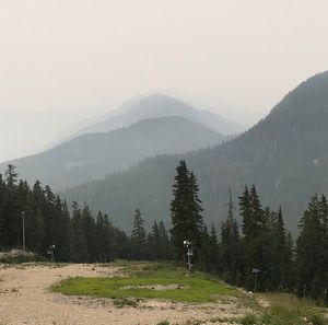 Scenic view of trees and mountains against sky