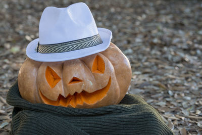 Close-up of pumpkin on table during autumn