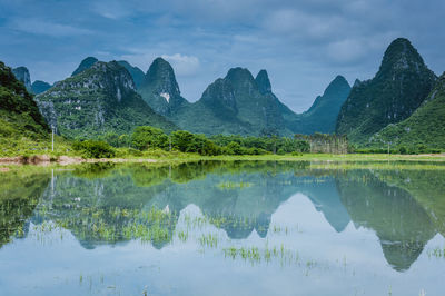 Scenic view of lake and mountains against sky