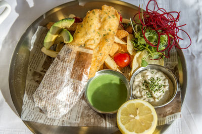 High angle view of food plate on bowl