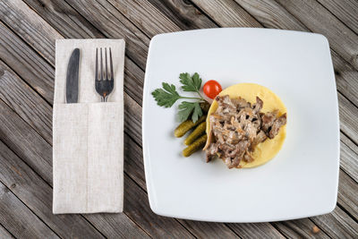 High angle view of food in plate on table