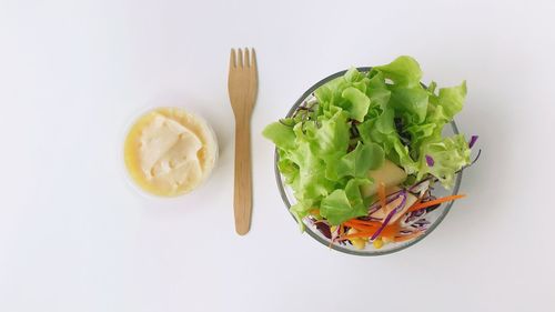 High angle view of vegetables in bowl against white background