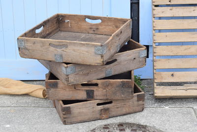 Close-up of wood crates stacked up 