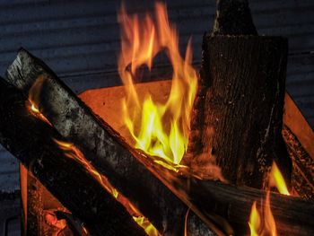 High angle view of fire burning at night