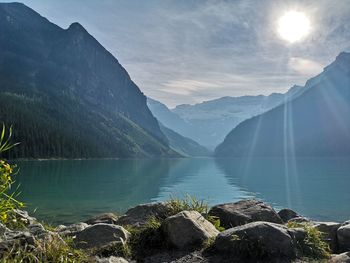 Panoramic view of lake and mountains against sky