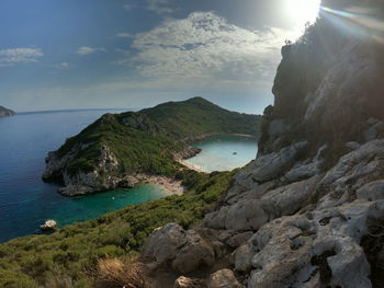 Scenic view of sea and mountains against sky