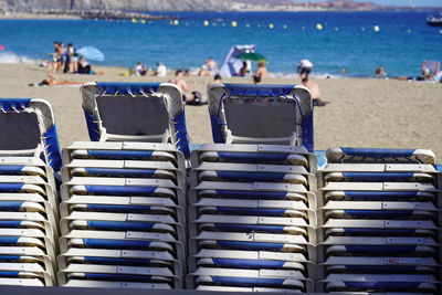 Group of sunbeds on beach