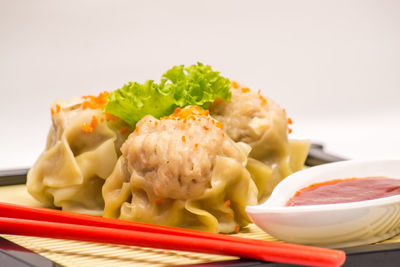 Close-up of meal served in bowl on table