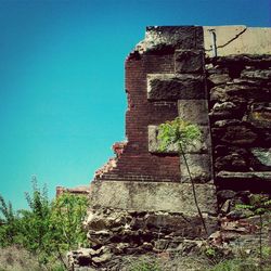 Low angle view of built structure against clear blue sky