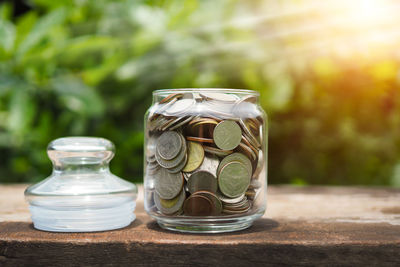 Close-up of glass jar on table