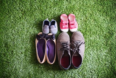 High angle view of shoes on grass