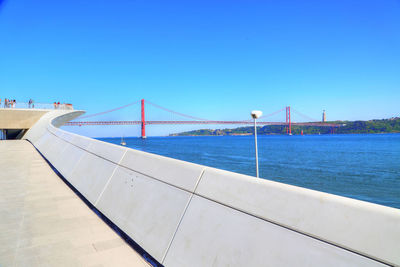 Bridge over sea against clear blue sky